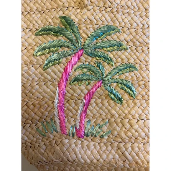 Woven Corn Husk Straw Y2K Palm Tree Embroidery Beach Bag w Green Polka Dot liner