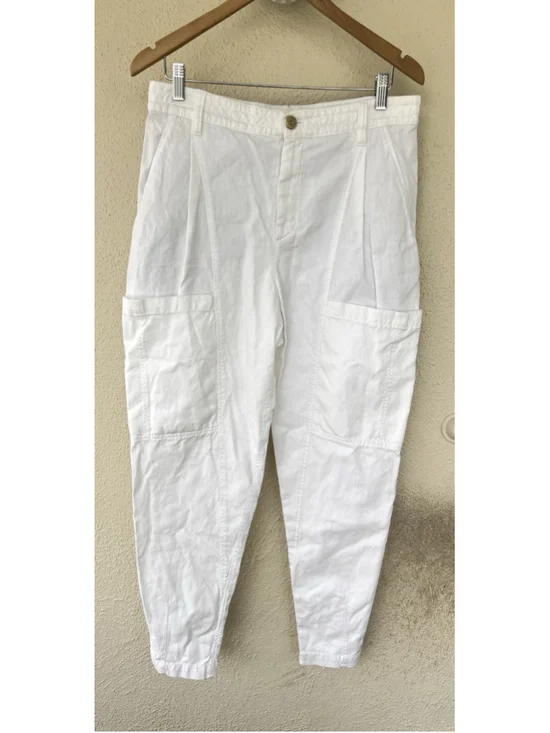 Brunello Cucinelli White Linen Blend Barrel Cargo Pants Tapered Women’s Size 6