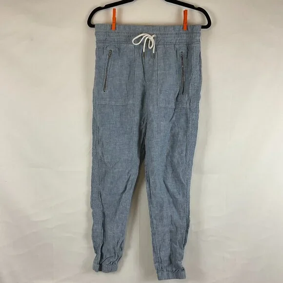 Athleta Cabo Linen Jogger Pants 4 Blue Elastic Waist Zipper Pockets