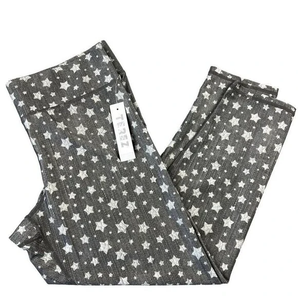 Terez Womens Cropped Leggings Size Large Gray Yoga Pants Star Light White Stars‎