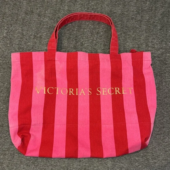 Victorias Secret X-Large Pink Stripes Zippered‎ Canvas Tote Shoulder Bag