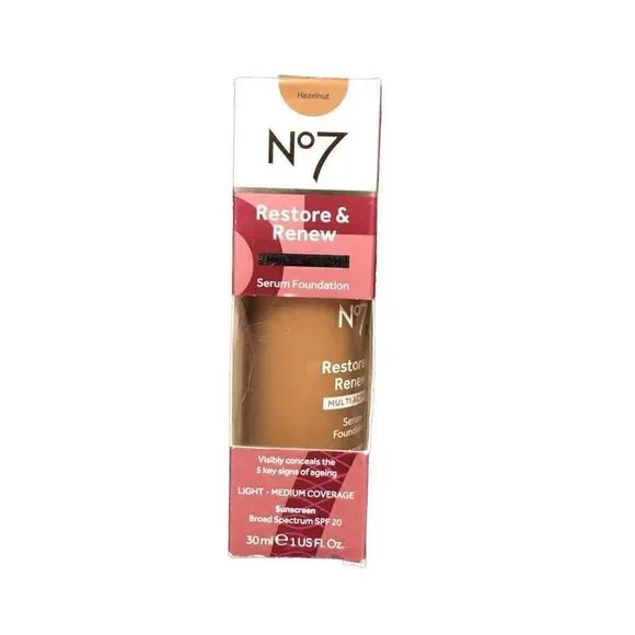 No7 Restore & Renew Multi Action Serum Foundation Hazelnut, 1 fl oz ea, NIB