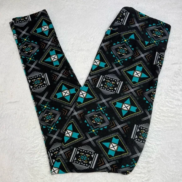 Lularoe Leggings OS‎ Black Gray Teal White Aztec Tribal Southwest VTG 2016 Rare