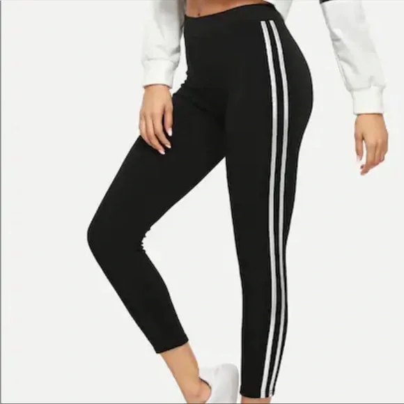 Black Leggings with 2 Metallic Silver Side Stripes