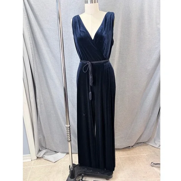 Eliza J Navy Velvet Wide Leg Formal‎ Jumpsuit Tassel Belt Size 12