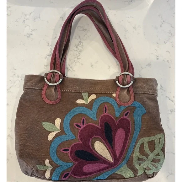 Fossil Cameron Canvas Large Tote Bag Embroidered Flower Full Zip Colorful Boho