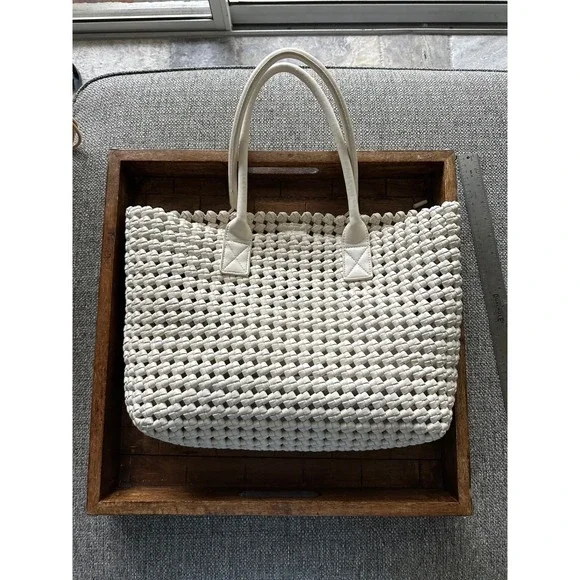 Sincerely Jules Woven Lattice Tote Bag Cream Off White Shoulder Bag with pouch