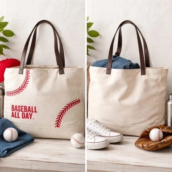 Baseball All Day‎ Canvas Tote Bag with Red Stitching