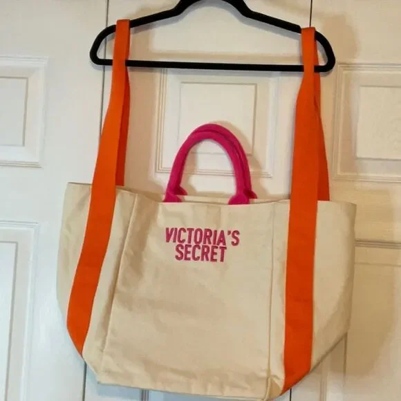 Victoria’s Secret Cream Orange Pink Canvas‎ Tote Weekender Bag New