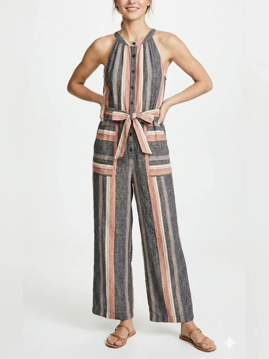Joie Striped Halter Wide-Leg Jumpsuit 100% Linen