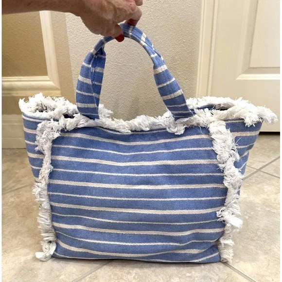 HATATTACK‎ CANVAS FRINGE LARGE TOTE BAG BLUE & WHITE Beach Nautical Cruise AS IS