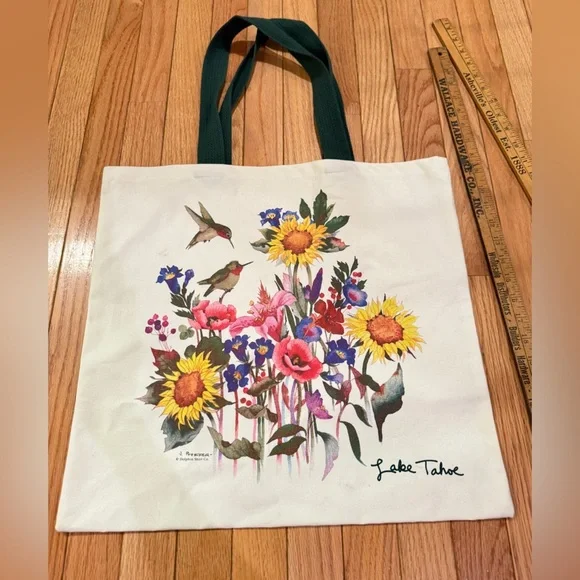 Lake Tahoe Floral Hummingbird Tote Bag with Green Handles clean inside
