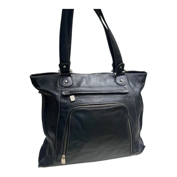 Liz Claiborne Black Genuine Leather Tote with Zipper Accents
