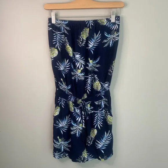 Navy blue island Tropical‎ Pineapple Palm Strapless Romper Cover-up with Pockets