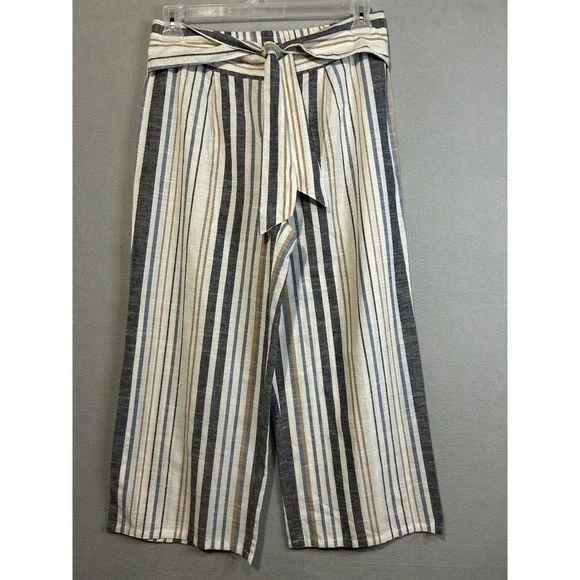Elle Gabrielle Womens Wide Leg Cropped Striped‎ Pants with Tie Belt Size Large