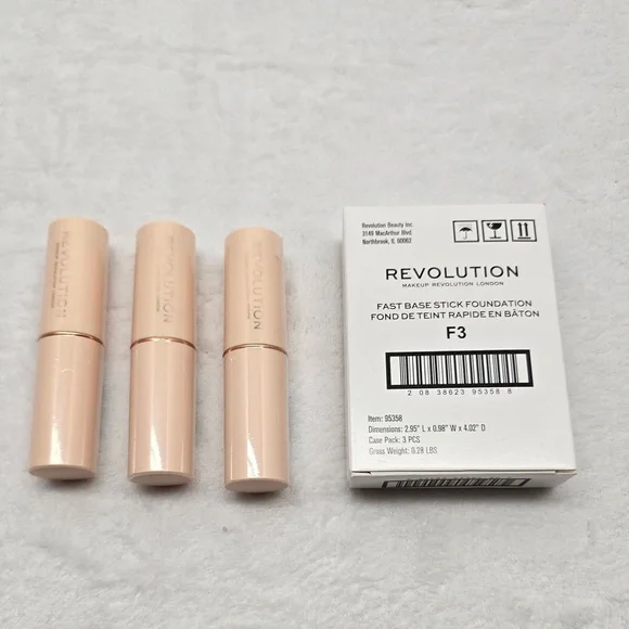 Revolution Fast Base Stick Foundation F3 Cream‎ Makeup Lot 3