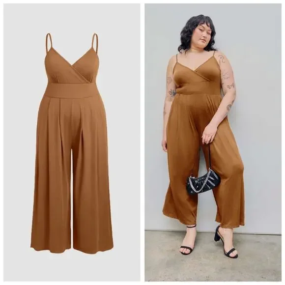 NWT CIDER Camel Wide Leg Jumpsuit Women’s Strappy V-Neck Cami Romper - 2XL