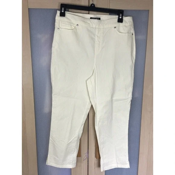 Mario Serrani Women's Comfy Stretch Capri Pants Sz M Yellow White Striped Summer