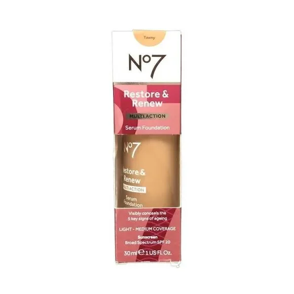 No7 Restore & Renew Multi Action Serum Foundation Tawny, 1 fl oz ea, NIB