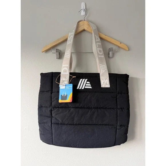Aldi 50th Anniversary Gear Puffer Tote Bag Black Quilted Nylon Logo
