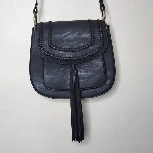 Black Faux Leather Tasseled Saddle Crossbody Purse Franco Sarto