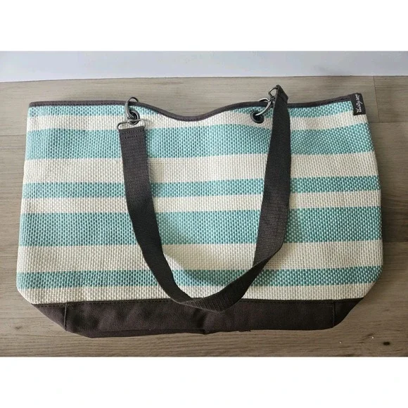 Thirty-One Canvas Crew Tote Bag Straw Turquoise Striped Beach Shoulder Purse