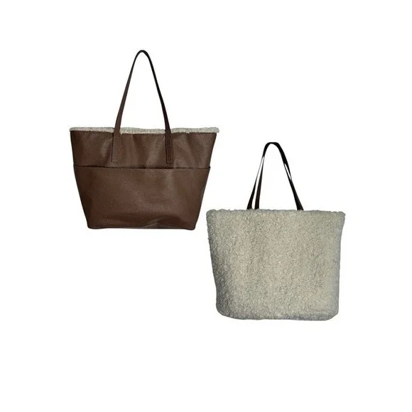 4/$40 Reverable Faux Leather and Sherpa‎ Brown and Cream Tote Bag