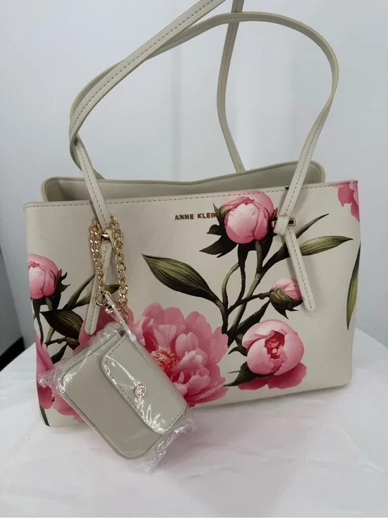 Anne Klein Pink Peony Floral Saffiano Tote Bag Shoulder Handbag Coin Purse NWT