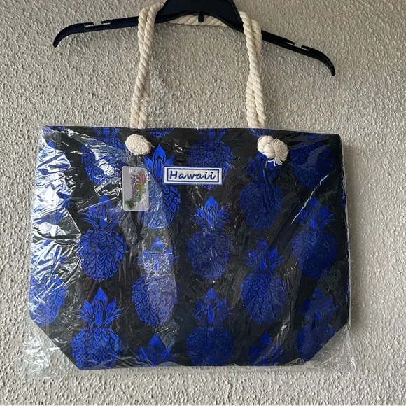 Hawaiian tote Black canvas bag with blue pineapple print NWT