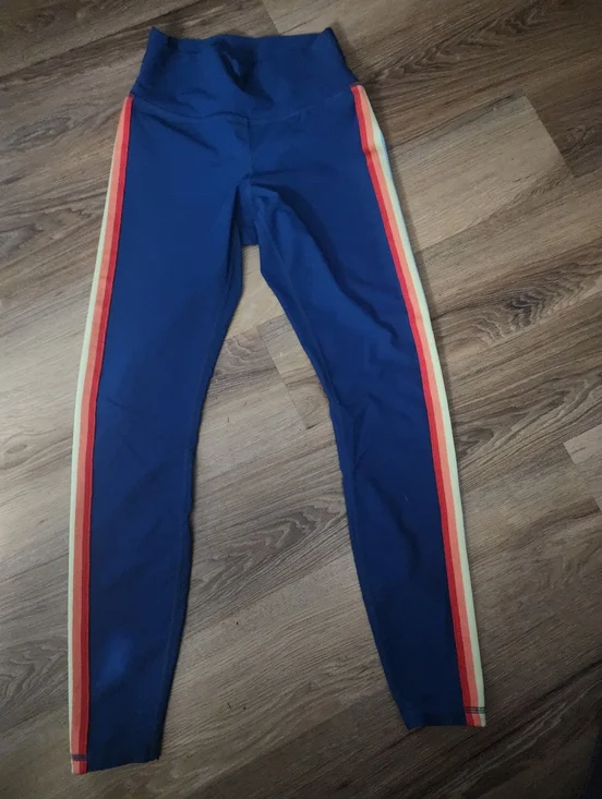 Spiritual Gangster Blue Leggings with Red and Yellow Side Stripes