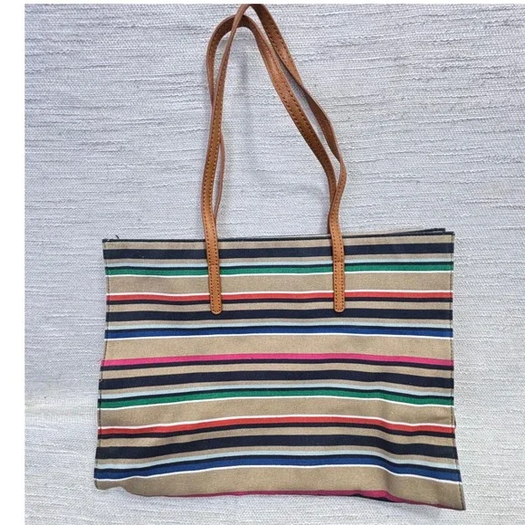 Talbots Multi Color Striped Canvas Tote Bag Leather Trim Navy Tan Pink Green