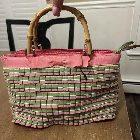 Braciano Top Handle Bag Womens Small Pink Striped Pleated Bamboo Bow Purse