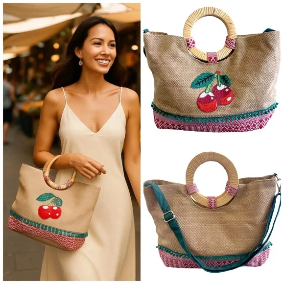 Chic Cherry Beaded Tote Bag with Bamboo Handles and Crossbody Strap