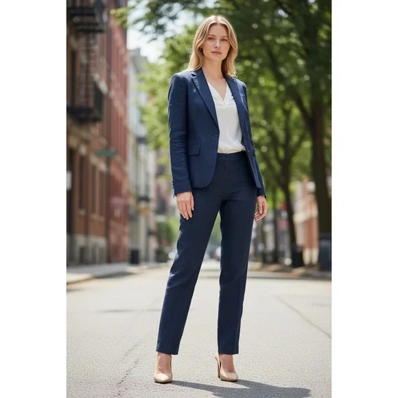 Lauren Ralph Lauren Pant Suit‎ Women 10 Navy Blue Linen Blend Blazer Trousers