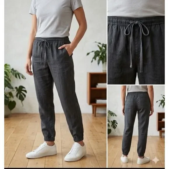Aerie Womens Baggy Pants L Gray Tie Jogger Elastic Waist High Rise minimal New