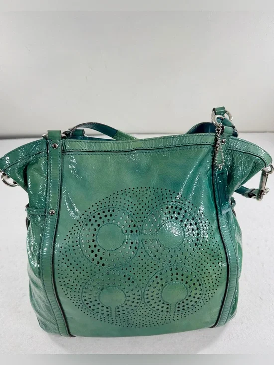 Coach F19569 Seafoam Green Patent Leather Tote Perforated Logo Shoulder Bag