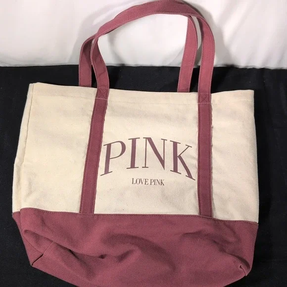Victoria's Secret Love Pink Tote Bag Beige Canvas Maroon With Zipper Classic
