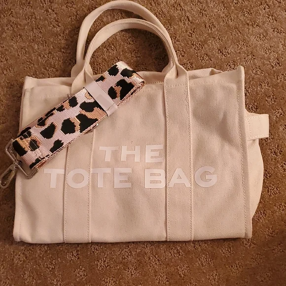 Cream Tote Bag with Patterned‎ Strap