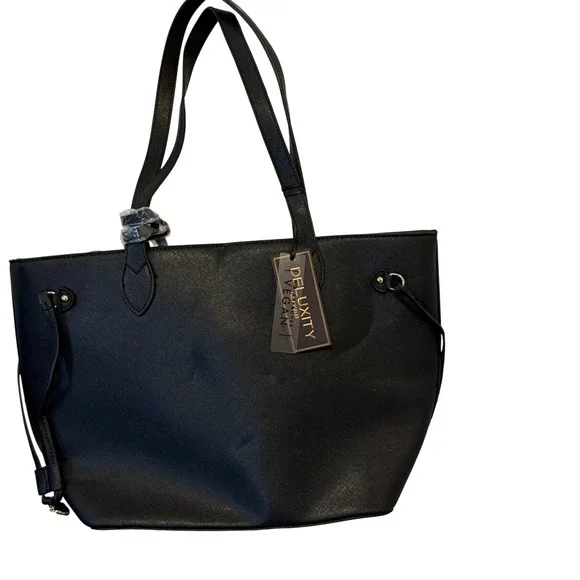 Deluxity Vegan Leather Tote Bag Black Drawstring Top Zip Pouch Included