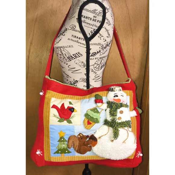 Christmas Felt Tote Gift Bag Purse Snowman Cardinal Bird Squirrel WinterHoliday‎