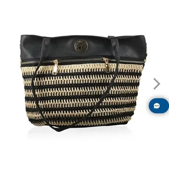 Beverly‎ Hills Polo Club Women Black Straw Stripe Tote Bag Gold Logo NWT