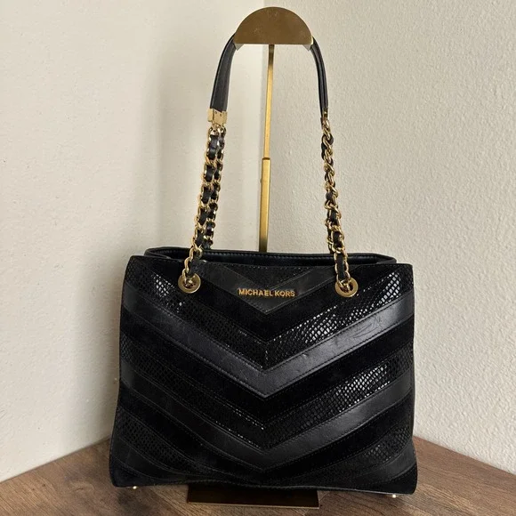Michael‎ Kors Susannah Chevron Black Tote Bag Patchwork Snakeskin Embossed