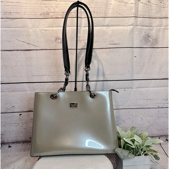 Biejo Classic Elegant Metallic Taupe and Black Shoulder Tote Bag