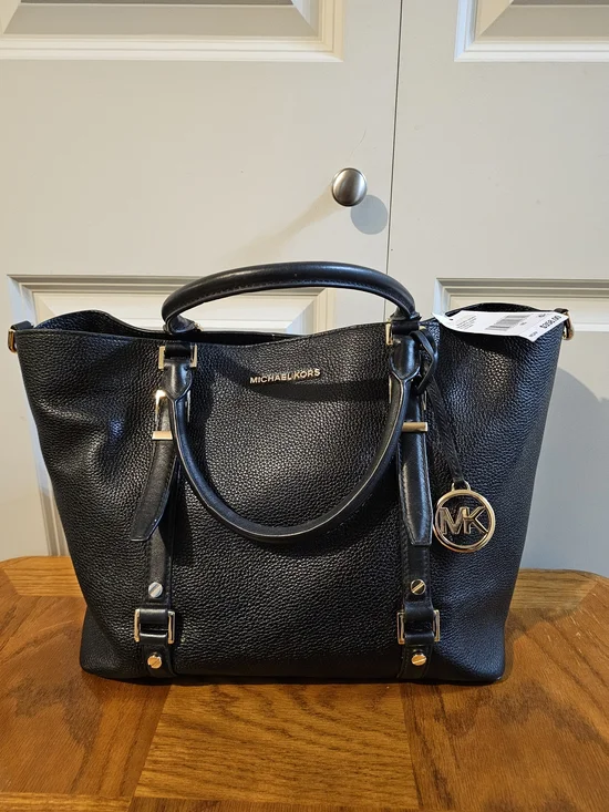 Michael Kors Black Pebbled Leather Tote with Gold MK Charm NWT