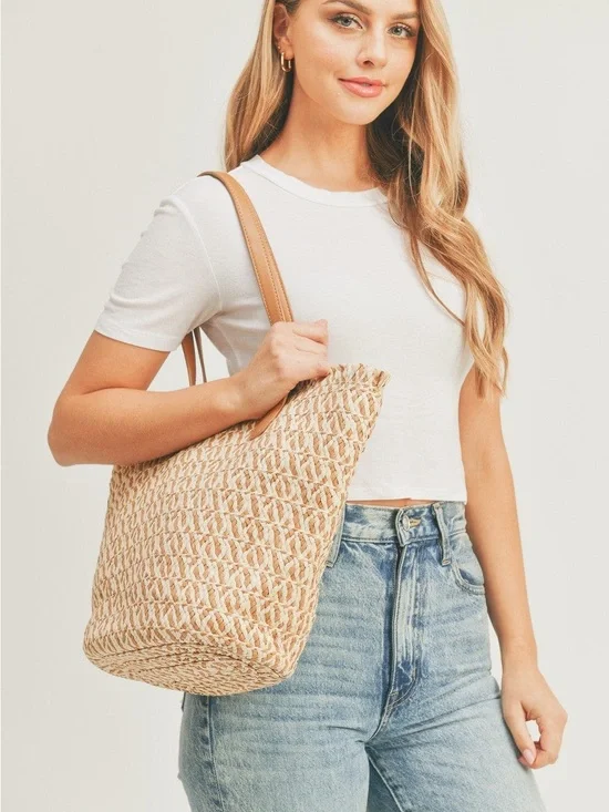 Woven Straw Tote Bag with Tan Handles
