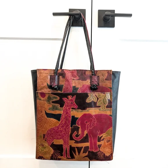 Artistic Safari Animal Print Colorful Leather Tote Bag With Wallets Indian Made