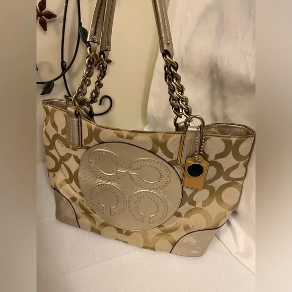 Coach Colette Opt Art Logo Gold Canvas Leather Large Tote Bag—read description