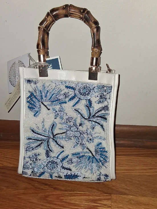 NWT Viral White & Blue Floral Embroidered Beaded Tote with Bamboo Top Handle