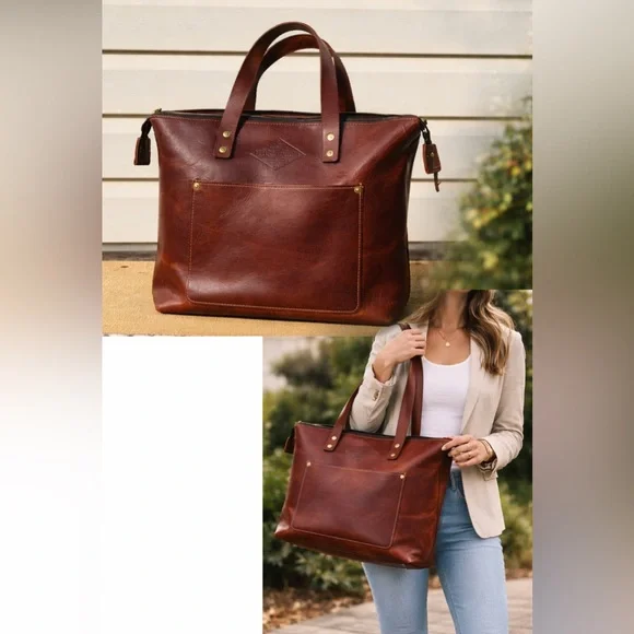 Lifetime Leather Co Brown Leather Large Tote Bag USA Handmade Zip Top