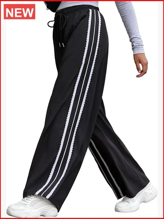 Wide Leg Sweatpants Side Stripe Crochet Slip On Drawstring Casual Running Track